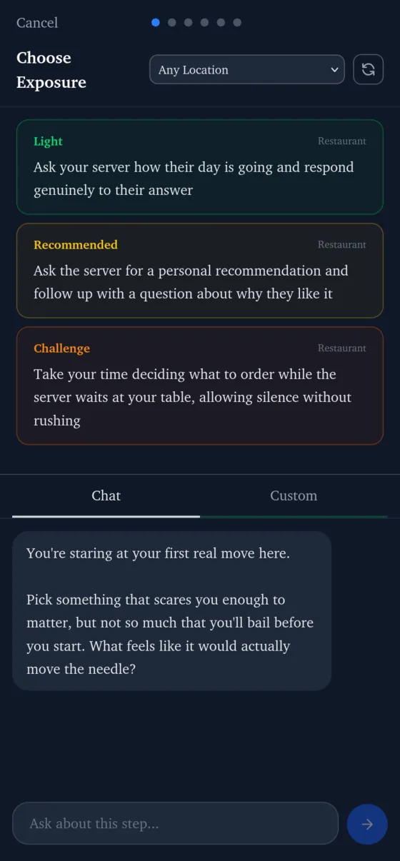 Exposure Guide app: choosing an exposure from Light, Recommended, and Challenge options, with a chat offering reflection on the next step